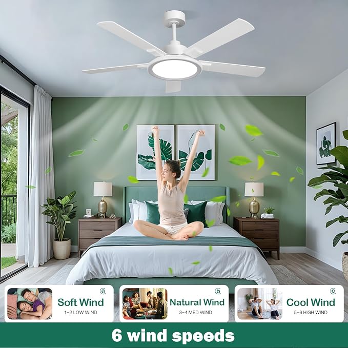 BAYSQUIRREL Smart 52" Ceiling Fans with Lights,Bluetooth Ceiling Fan with Speaker,6-Speeds DC Reversible Noiseless Motor,Full-Spectrum Eye-Care Flush Mount Ceiling Fan with Light