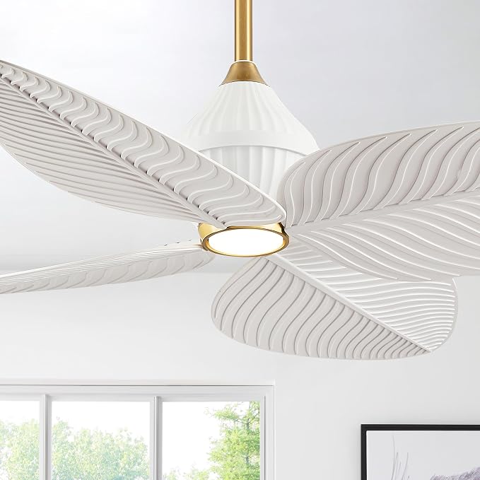 52" Tropical Ceiling Fans with Lights, Indoor Palm Leaf Ceiling Fan with Light and Remote for Living Room Bedroom, ABS Blades, Dimmable LED Lights, 6 Speeds, Adjustable Height-White Gold