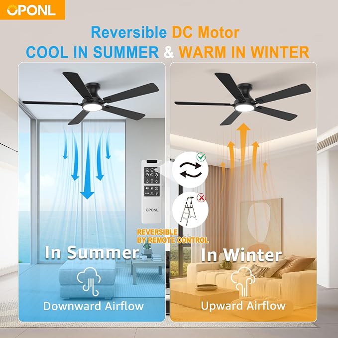 OPONL Ceiling Fan with Light, 52 inch Low Profile Ceiling fan with Light and Remote Control, Reversible, 6CCT, Dimmable, Noiseless, Black Ceiling Fan for Bedroom, Indoor/Outdoor Use, Modern