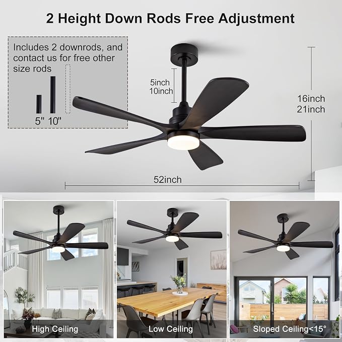 52 Inch Solid Wood Ceiling Fans with Lights, Black Ceiling Fan with Light, Modern Indoor Outdoor Ceiling Fan with Remote for Patio Living Room Bedroom