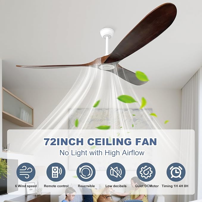 72'' Outdoor Ceiling Fans without Light,3 Solid Wood Blades with DC Silent and Large Airflow,Modern Ceiling Fan for Bedroom,Living Room,Porch (White+Dark walnut)