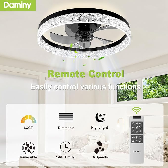 DAMINY 20inch Black Ceiling Fans with Lights and Remote, 6CCT, Dimmable Smart Low Profile Ceiling Fan with Light, 6 Speeds Flush Mount Modern Bladeless Ceiling Fan for Bedroom