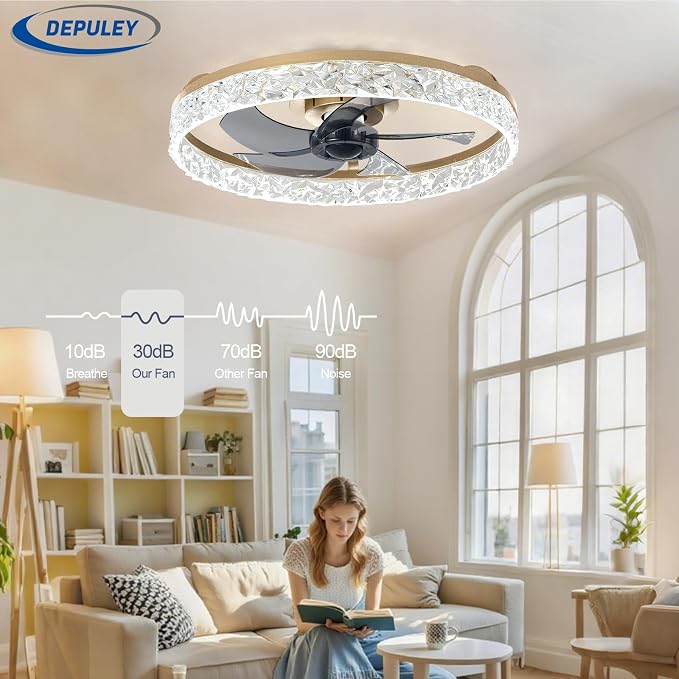 Depuley Ceiling Fans with Lights and Remote: 20" Modern Low Profile Flush Mount Ceiling Fan with App Remote Control - Gold Fandelier for Bedroom Living Room Kitchen Dimmable Quiet DC Motor