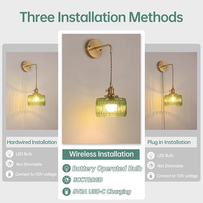 Shenmoyl Battery Operated Wall Sconce with Green Striped Shade Pattern Glass Adjustable Chain Retro Gold Wall Mounted Light, Modern Wall Lamp Fixtures Decor for Bedside Bedroom Indoor Doorway