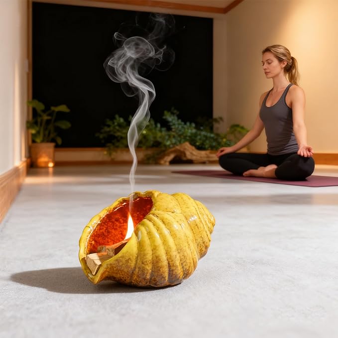 MOUGIGI Yellow Ceramic Conch Palo Santo Holder - Mini Chimney Incense Burner, Tabletop Smudge Bowl Compatible with Sage/Sticks/Cones/Copal,for Yoga、Zen Meditation、Witchcraft, Ideal Altar Decor Gift