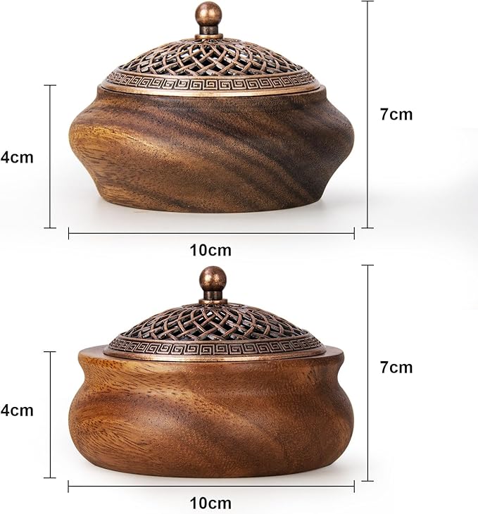 2 Pack Incense Cone Holder, Retro Wooden Cone Incense Burner Holder with Brass Cover, Vintage Bakhoor Burner for Sticks Coil, Frankincense Room Home Decor Yoga Spa Meditation (P)