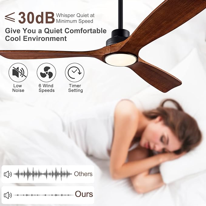QUTWOB 52" Wood Ceiling Fan with Light, Reversible DC Motor, Remote Control | solid wood blades, quiet 6-speed reversible dc motor, remote control, dimmable 3-color led, for indoor outdoor bedroom patio