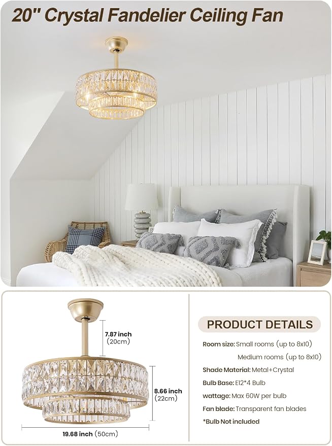 Gold Fandelier Ceiling Fan with Light,20" Crystal Chandelier Ceiling Fans with Lights and Remote Control,Modern Caged Flush Mount Fandelier with 6 Speeds for Living Room Bedroom Nursery