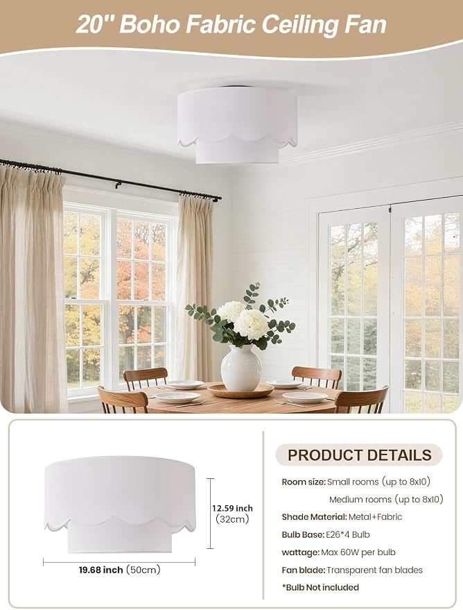 Ceiling Fan with Light, 20" Flush Mount Boho Ceiling Fans with Lights Remote Control, Low Profile Drum Fabric with 6 Speeds for Bedroom,Nursery,Living Room