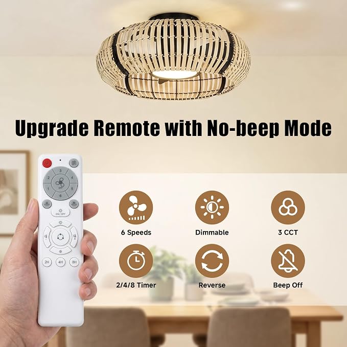 ocioc 20" Fandelier Ceiling Fans with Lights and Remote,Caged Ceiling Fan with Light,Flush Mount,Low Profile,Bladeless,Quiet Reversible DC Motor,Boho Rattan Ceiling Fan for Bedroom