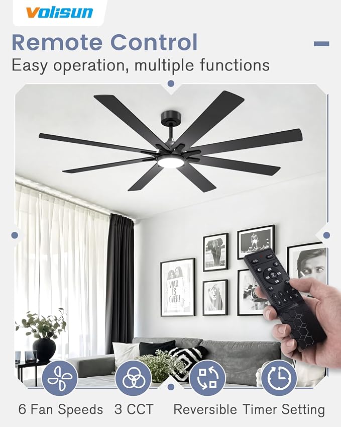 VOLISUN Large Ceiling Fans with Lights, 72 inch Ceiling Fan with Light and Remote, Indoor/Outdoor Black Ceiling Fans for Patio, Living Room, 6 Speed Reversible Quiet, 3 CCT, Dual Finish 8 Blades