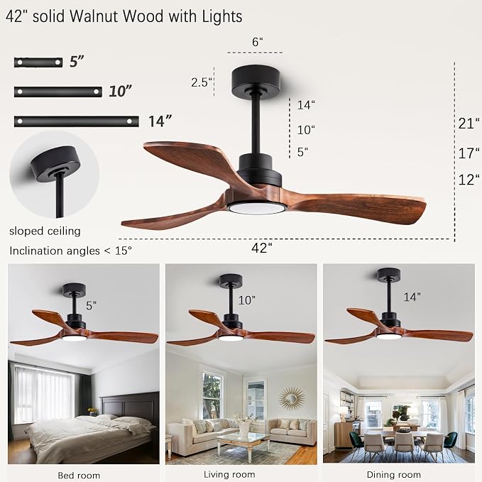 42-inch Silent Ceiling Fan Light with Remote Control, 3CCT, Walnut Finish | mobile app, full memory function, for use in living rooms, dining rooms, bedrooms, offices, balconies, and outdoors.