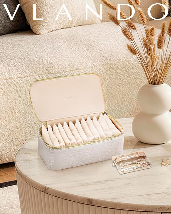 VLANDO Jewelry Travel Case,Gift for Women,Travel Jewelry Organizer with Clear Velvet Jewelry Bags Zipper Pouch for Women Girl Gift-12Pcs White