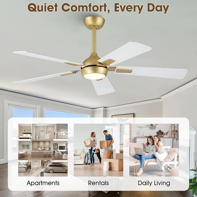 52" White Gold Ceiling Fan with Light and Remote, DC Motor Ceiling Fan with LED Light, 6-Speed Reversible, Dimmable 3CCT, Modern Ceiling Fan for Bedroom Living Room