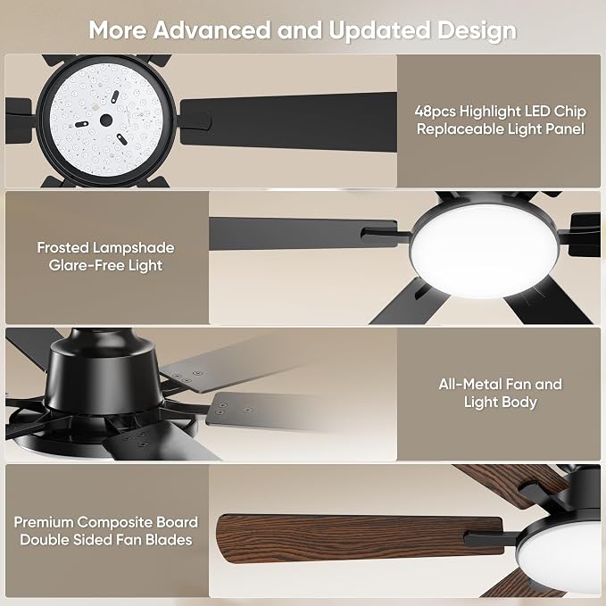 52 Inch Ceiling Fans with Lights, 6 Double Sided Blades, Ultra Quiet Reversible DC Motor, Remote & APP Control, 6 Speeds, 3CCT Dimmable LED with Memory Function, Flush Mount for Living Room, Black