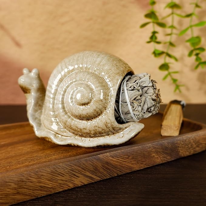 MOUGIGI Handmade Ceramic Snail Palo Santo Holder & Mini Chiminea Incense Dish- Elegant Cone Burner for Palo Santo Sticks & Sage-Perfect for Energy Cleansing, Yoga, Meditation, Zen, Altar, Aromatherapy