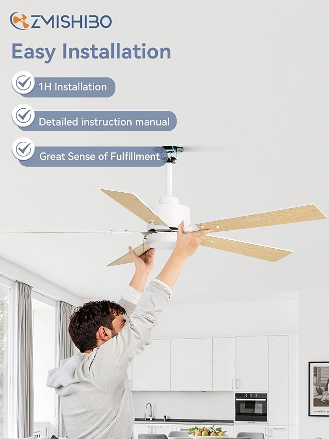 ZMISHIBO 52 Inch Ceiling Fans without Lights, White Ceiling Fan with Pull Chain, 6-Speeds, Quiet DC Motor, Remote Control, Outdoor Ceiling Fan for Patios, Living Room, Kitchen, Shop