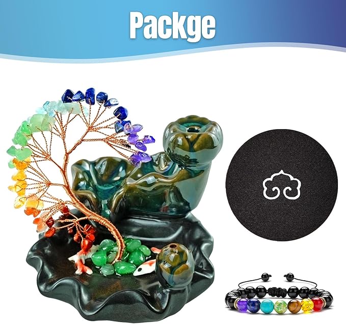 Backflow Incense Burner Ceramic Incense Waterfall Backflow Incense Holder 7 Chakras Gemstone Money Tree Crystal Tree Namaste Chakra Bracelet Cushion FengShui (Green)