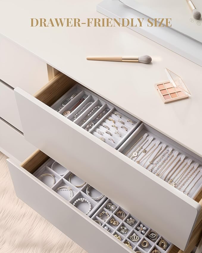 Lolalet Jewelry Drawer Organizer Inserts, Stackable Velvet Tray Jewelry Storage Organizers Set Display Cases for Necklaces Bracelets Earrings Rings Chains Bangles Watches, Grey, Set of 4