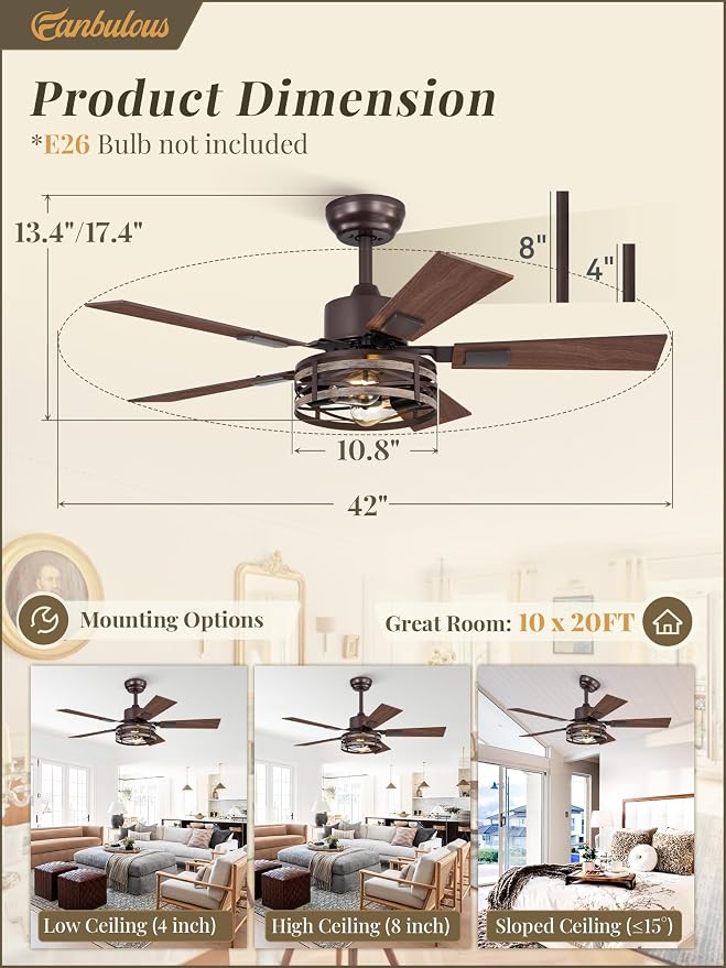 Fanbulous Farmhouse Ceiling Fans with Light, 42 Inch Bedroom Ceiling Fan with Lights, 6-Speed Adjustable, Quiet and Reversible DC Motor, 5 Dual Finish Blades, Rustic Caged Ceiling Fan，Oil Bronze