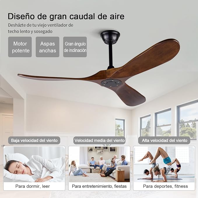 Ceiling Fans without Lights, 52 Inch Wood Ceiling Fan no Light with Remote,Outdoor Ceiling Fan for Living Room,Patio, Porch,6 Speed, Quiet DC Motor(Deep Walnut Blades)