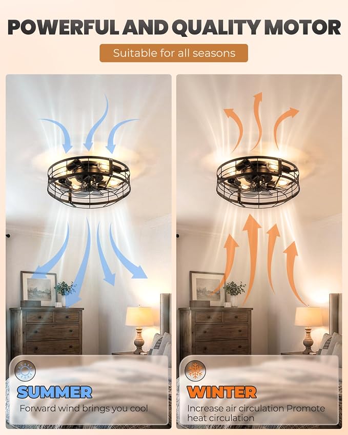 Caged Ceiling Fan with Light, 16 Inch Farmhouse Round Flush Mount Fan Lights Ceiling Fixtures, Need Assembly, 6 Speeds Reversible Motor Small Bladeless Ceiling Fans for Bedroom, Living Room