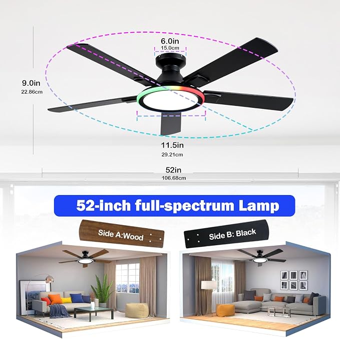 52" Ceiling Fans with Lights,Flush Mount Ceiling Fan with Light and Remote/App Control,Bluetooth Ceiling Fan with Speaker,6-Speed Reversible Motor,Full-Spectrum Adjustable Lighting,Edge Ambient Lights