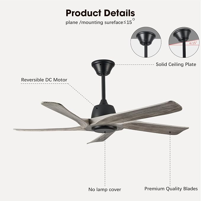 52“ DC Ceiling Fan without Light, 5 Solid Wood Fan Blades, Remote and APP Control, 6-speed Reversible, Noiseless Ceiling Fan No Lights for Bedroom, Living Room, Office, Greywood