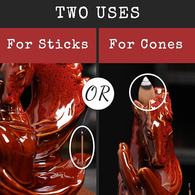 Horse Hand Incense Burner Holder - Ceramic Incense Waterfall Burner Horse, Backflow Horse Smoke Fountain Incense Holder with Cone & Stick Tweezer & Mat for Aromatherapy/Yoga/Home/Room Decor