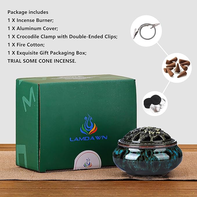 Censer Sky Blue Incense Burner with Calabash Incense Stick Holder - Porcelain Charcoal Censer for Use with Resin Granular Powder Cone or Coil Incense (Blue Fambe)