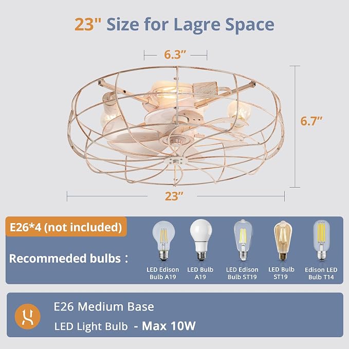 LEDIARY 23" Large Caged Ceiling Fans with Lights, White Flush Mount Low Profile Ceiling Fan with Remote, Modern Farmhouse Industrial Ceiling Fan with Light for Bedroom, Kitchen, Dining Room, Indoor