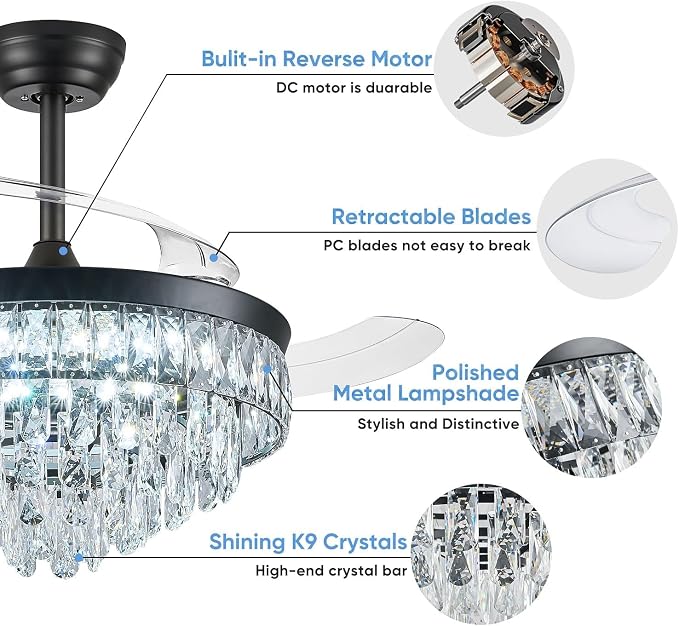 48 Inch Chandelier Ceiling Fan with Lights, Retractable Fan with Remote and APP, Crystal Fandelier Ceiling Fan, Dimmable LED, Reversible Motor, Quiet for Bedroom Living Room-Black