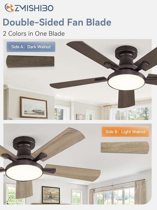 ZMISHIBO 42 Inch Flush Mount Ceiling Fan with Light, Remote&APP, Oil Bronze | 6-Speed Quiet DC Motor, Dimmable 24W LED with 3CCT (3000K-6500K), Modern Low Profile for Living Room, Bedroom, Kitchen