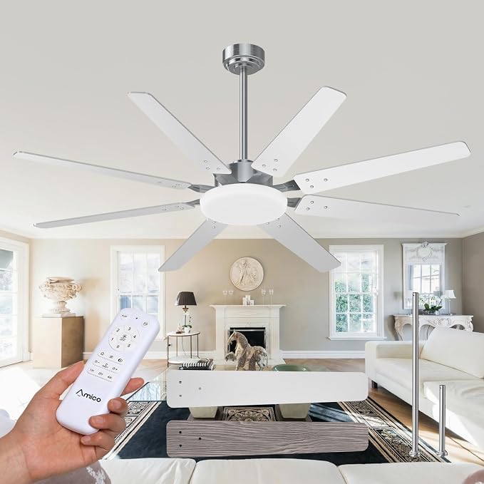 Amico 64 inch Ceiling Fans with Lights,Large Ceiling Fan with Light and Remote Control, Dimmable, 6 Speed Reversible Quiet DC Motor, Nickel Modern Ceiling fan For Living Room, Kitchen, Patio