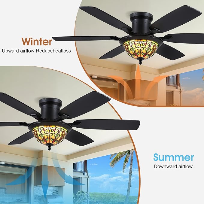 Tiffany Ceiling Fans with Lights - 52" Ceiling Fan Chandelier with Stained Glass Shade, 6 Speeds Reversible 6 Dual-Blades, Flush Mount, 3 CCT Dimmable LED Lights, Remote & APP Control, Farmhouse