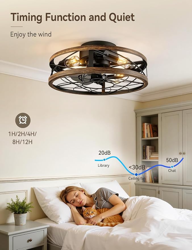 AKOFUN 20" Cage Ceiling Fan with Light and Remote, Low Profile Flush Mount Fan, 6 Speed Reversible DC Motor, 1/2/4/8/12H Timer, Bladeless Fandelier Rustic Farmhouse Light for Bedroom Living Room Patio