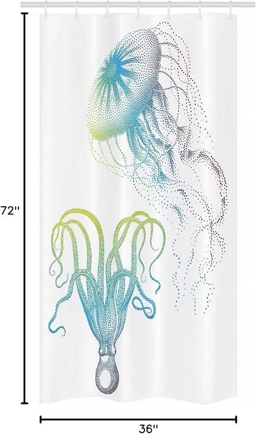 Ambesonne Octopus Stall Shower Curtain, Octopus and Jellyfish Illustration Nautical Themed Art Underwater Wildlife Marine, Fabric Bathroom Decor Set with Hooks, 36" W x 72" L, Blue Eggshell