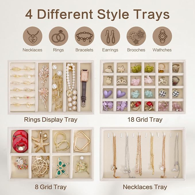 Velvet Jewelry Drawer Storage Tray, Set of 4 Stackable Drawer Organizer, Multifunctional Jewelry Display Organizer, Storage Box for Earrings, Rings, Necklaces, Bracelets, Brooches, Watches