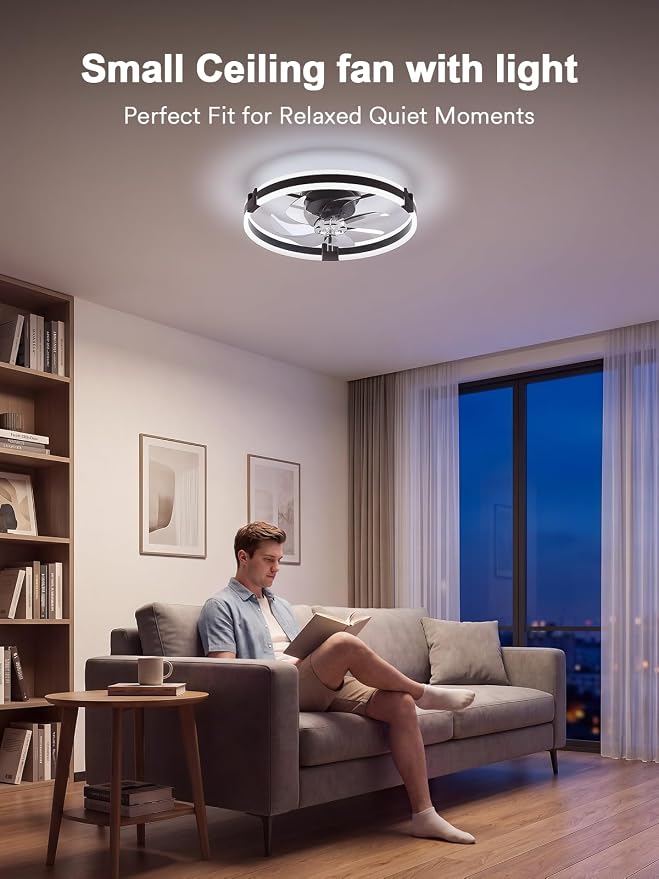 Bladeless Ceiling Fan with Light, 20 Inch Low Profile Flush Mount Fan 2Pack | Modern Small Ceiling Fan with Dimmable Light, 6 Speeds, Reversible Airflow, App and Remote Control for Dedroom Black