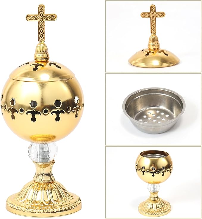 Nazareth Store Gold Incense Burner Charcoal Polished Brass Censer Christian Church Incense Holder Incense Cones Cross 7.9" Aromatherapy Fragrance Ornament