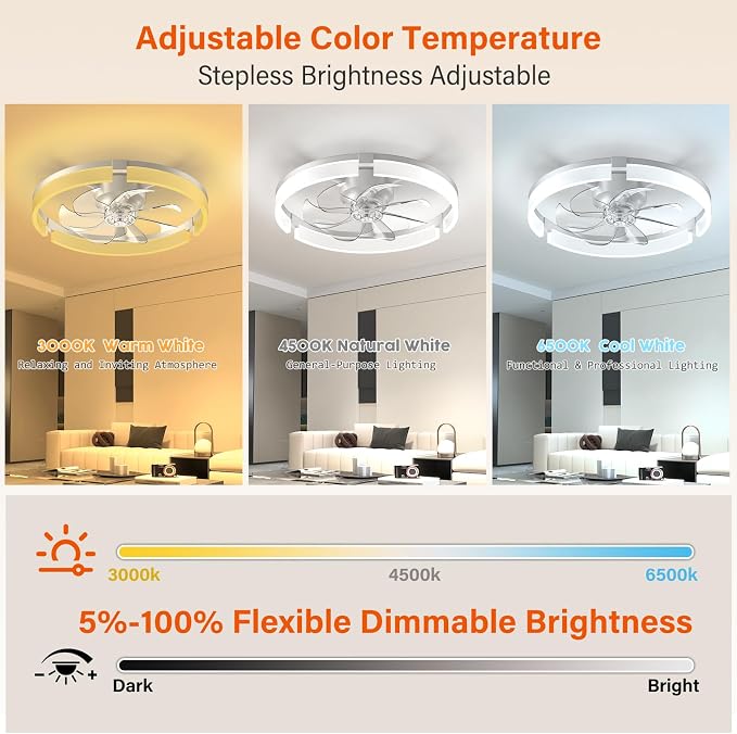 Ceiling Fans with Lights and Remote, 20'' Low Profile Ceiling Fan with APP Control, 3000K-6500K Dimmable, Quiet Reversible DC, Modern Flush Mount Fandelier for Bedroom (White-Frosted)