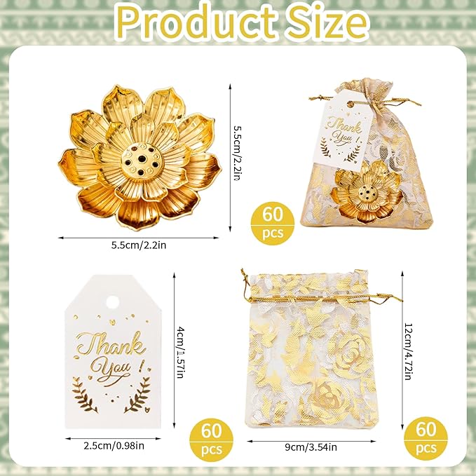60Set Return Gifts for Pooja, Lotus Incense Holder, Indian Return Gifts for Pooja Bulk, Gold Lotus Incense Sticks Holder with Organza Bags & Thank You Cards, Diwali Party Favors