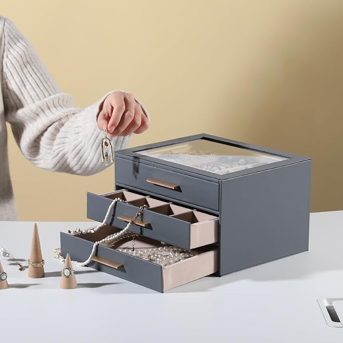 Frebeauty Jewelry Box for Women,Clear Lid Jewelry Organizer with 3 Drawers | Faux Leather,Velvet Lining,3 Layers,Jewelry Storage for Ring Earring Stud,Dustproof Design,Gift Choice,Golden Stylish Handle