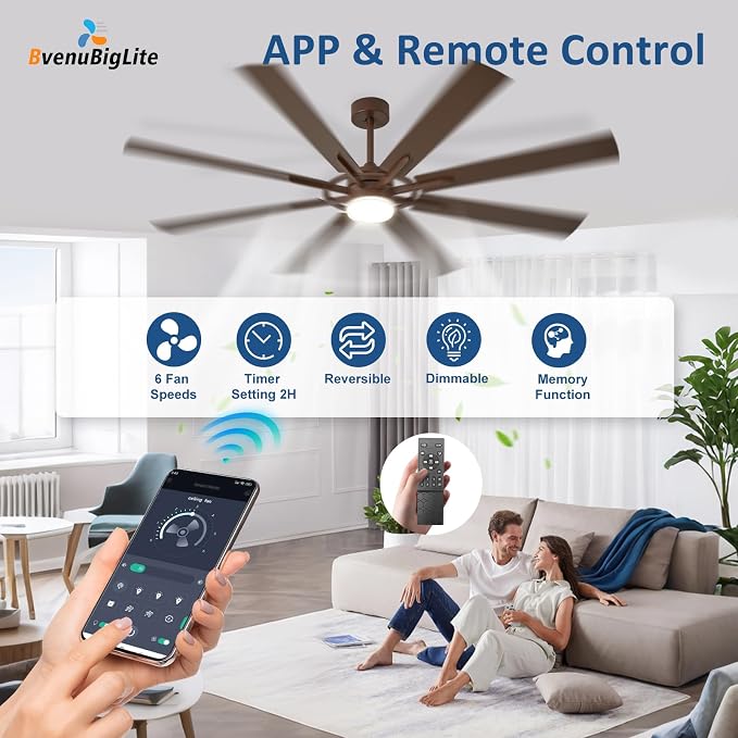 Large Ceiling Fans with Lights: Modern 72 Inch 8 Blade Outdoor Ceiling Fan with Remote APP Control - Dimmable Big Fan light Indoor Reversible 6 Speed Quiet DC Motor