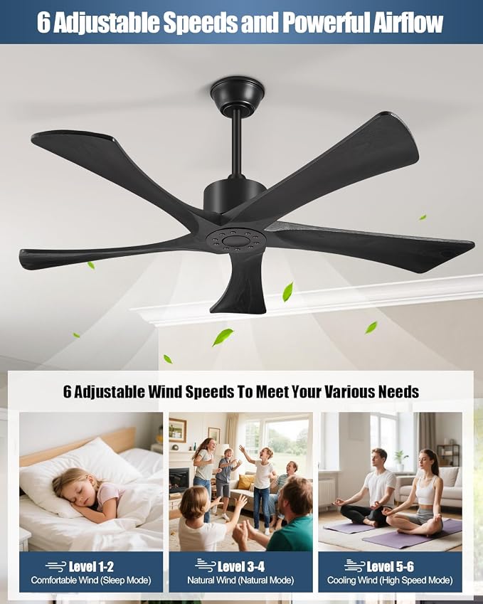 52 Inch Ceiling Fans Without Lights, USA Original Patent Outdoor Ceiling Fan No Light, 5 Wood Blades, ETL Listed, 6 Speeds Quiet DC Motor Modern Fan with Remote for Patios, 52", Matte Black