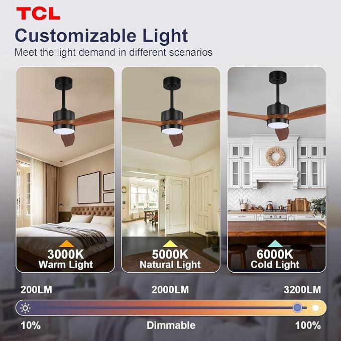 TCL Ceiling Fans with Light and Remote: 60 inch 3 Wooden Blades 3 Dimmable LED Fan for Room Indoor Modern Farmhouse Decor - 6 Speed Memory DC Reversible Fan Lights (Walnut, 60 Inch)