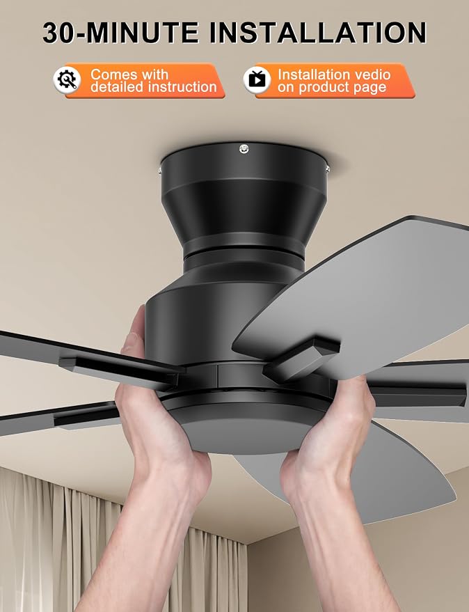 Ohniyou 42 Inch Ceiling Fan No Light, Low Profile Ceiling Fan with Remote and App Control, Flush Mount Ceiling Fan without Light for Bedroom Kitchen Covered Patios, Quiet DC Motor, Black