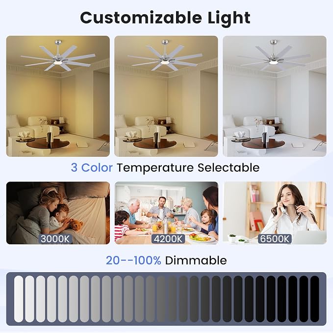 Newday 72 inch Large Ceiling Fans with Lights and Remote, Indoor/Outdoor Brushed Nickel Ceiling Fan for Living Room Patio, 6 Speeds Slient Reversible DC Motor, 3CCT, Timer, 3 Downrods, 8 Blades