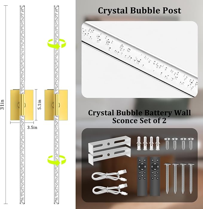 iThird Crystal Bubble Gold Wall Sconces Set of 2: 10000mAh Rechargeable Wireless Lights with Remote & 360° Rotate, 4 Color Temps Dimmable, 31" Lamp Decor for Bedroom Living Room Mirror