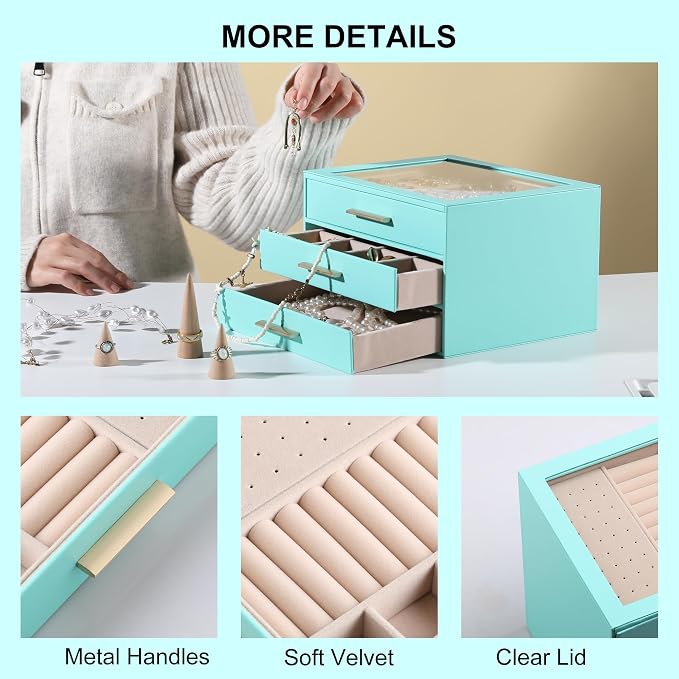 Frebeauty Jewelry Box for Women,Clear Lid Jewelry Organizer with 3 Drawers | Faux Leather,Velvet Lining,3 Layers,Jewelry Storage for Ring Earring Stud,Dustproof Design,Gift Choice,Golden Stylish Handle